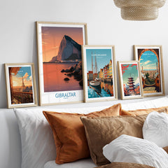Gibraltar Wall Art –The Rock & Bay Landscape Print displayed on a cozy sofa with decorative pillows.