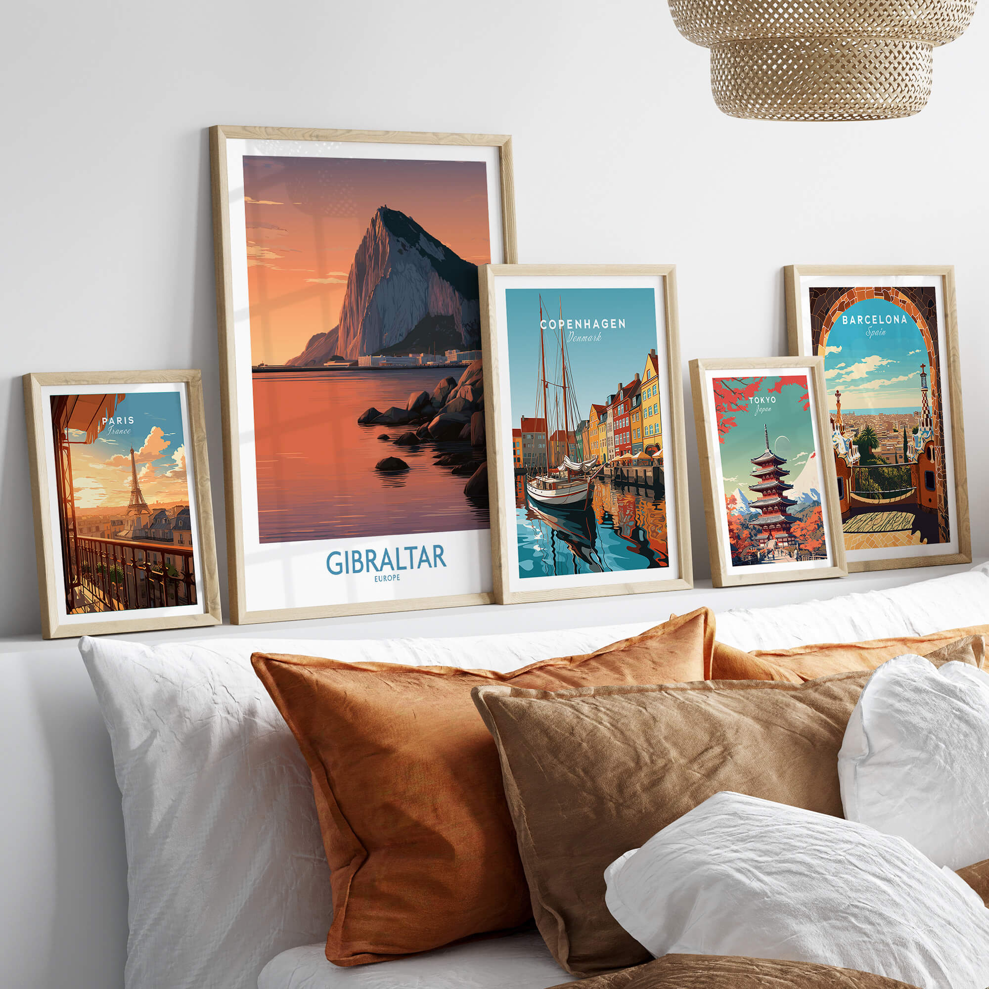 Gibraltar Wall Art –The Rock & Bay Landscape Print displayed on a cozy sofa with decorative pillows.
