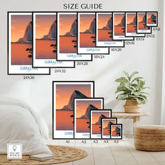 Gibraltar Wall Art –The Rock & Bay Landscape Print size guide featuring various frame sizes and designs.
