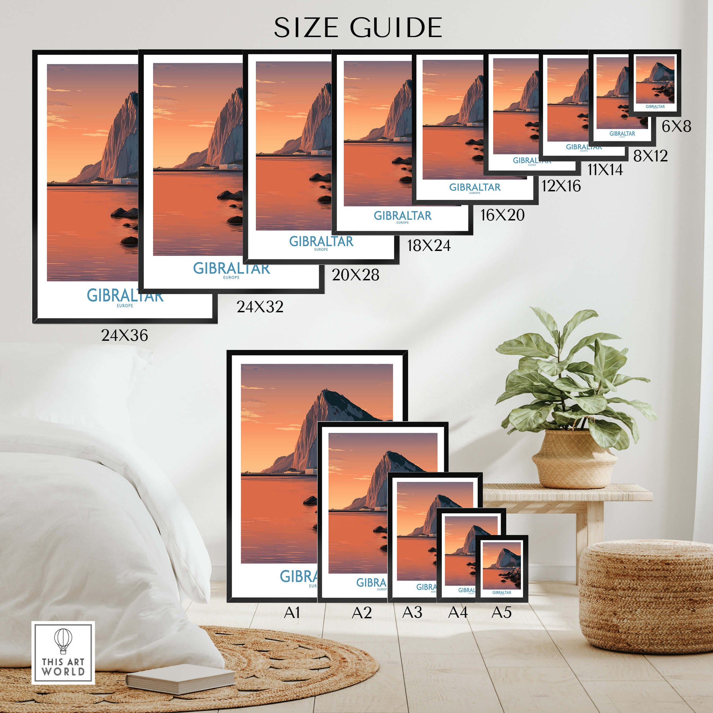 Gibraltar Wall Art –The Rock & Bay Landscape Print size guide featuring various frame sizes and designs.