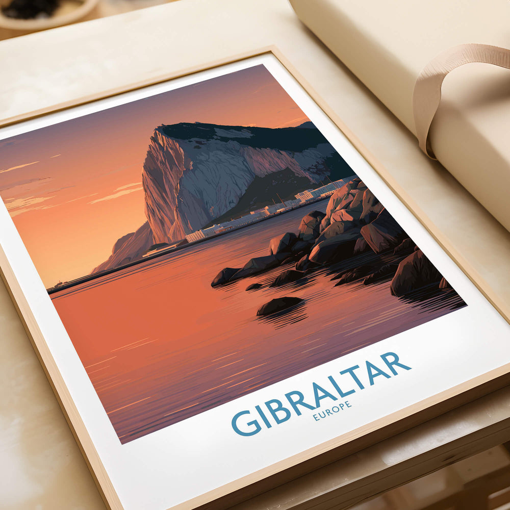 Gibraltar Wall Art –The Rock & Bay Landscape Print showcasing Gibraltar's iconic Rock and sunset hues.