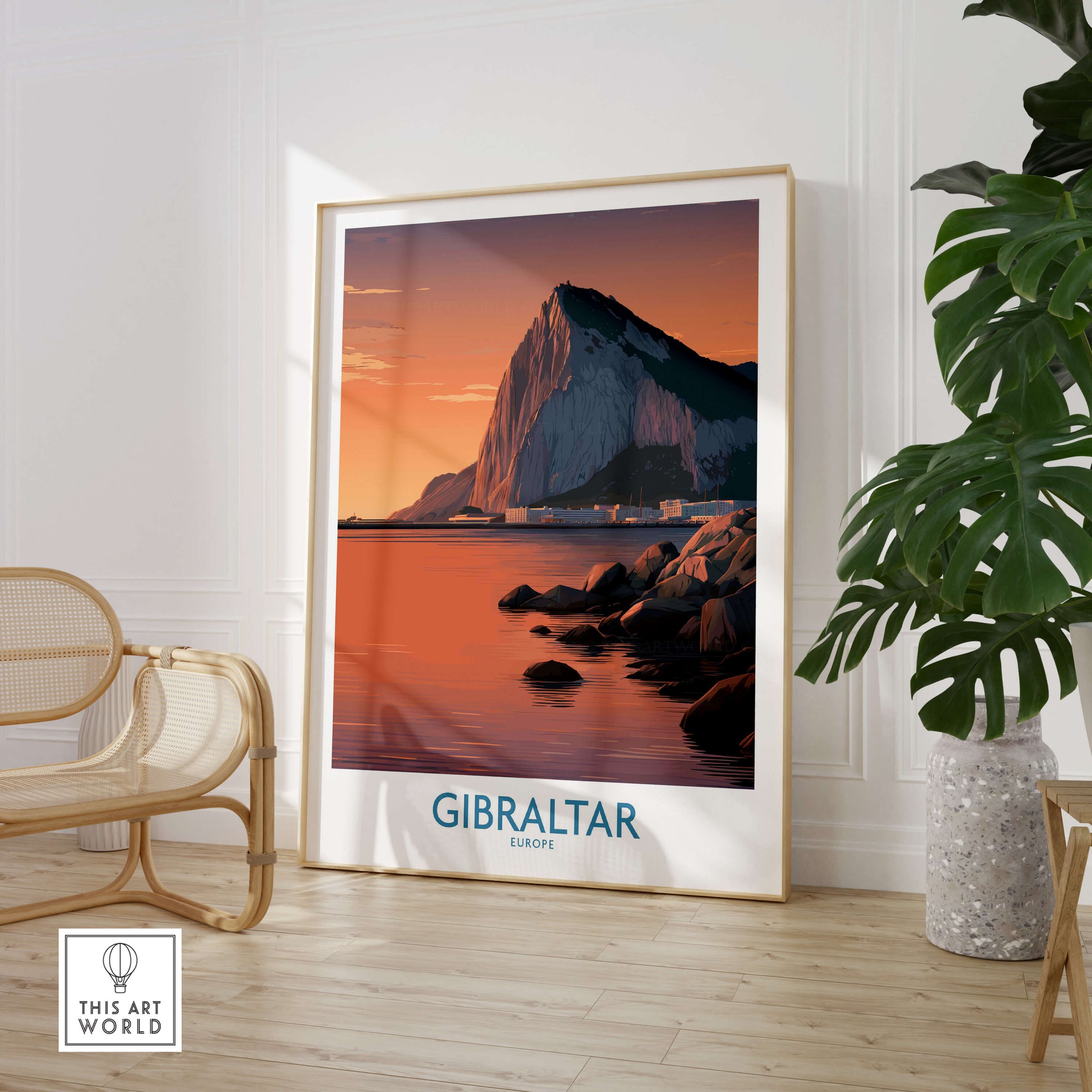 Gibraltar Wall Art –The Rock & Bay Landscape Print showcasing Gibraltar's Rock and bay in a stunning sunset.