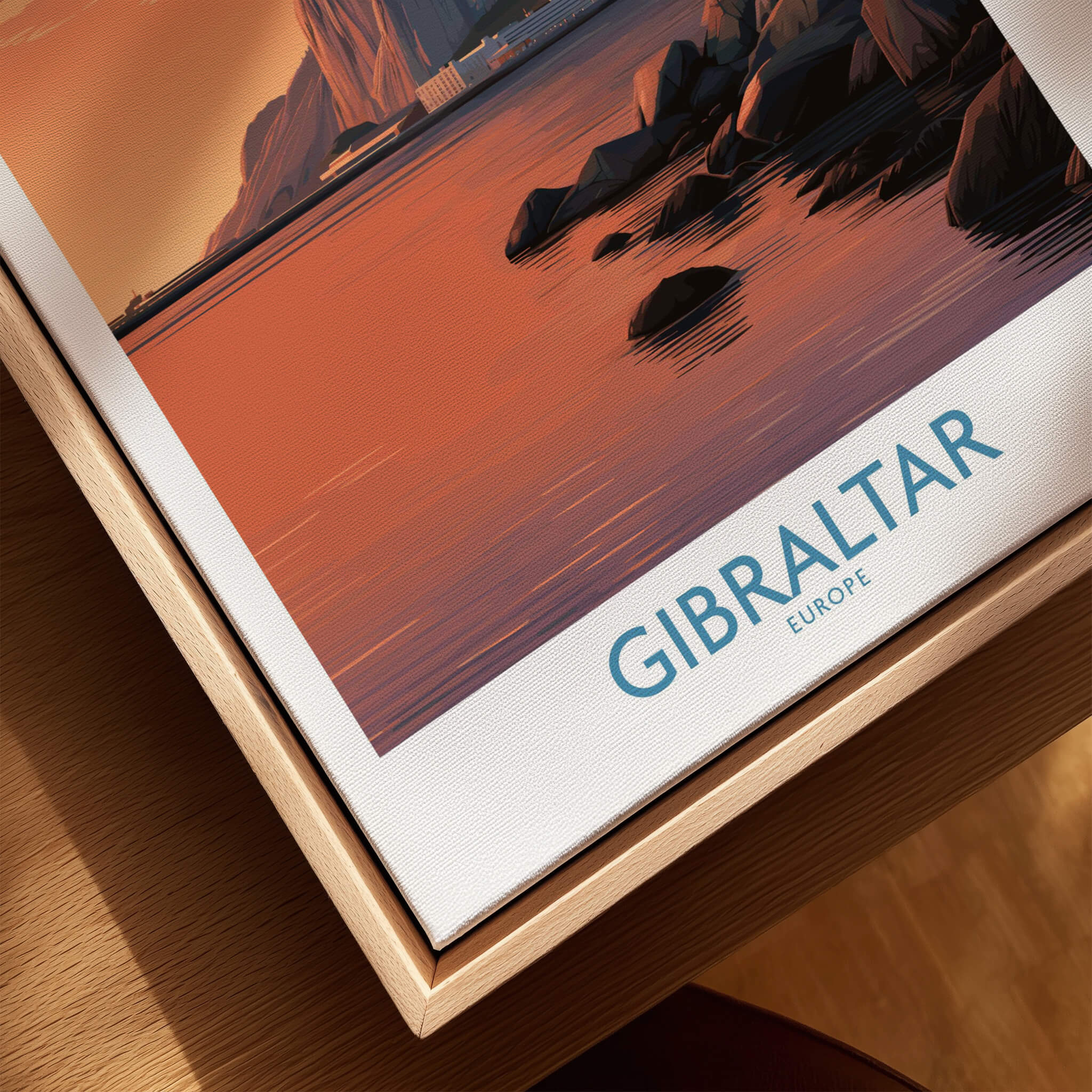 Gibraltar Wall Art –The Rock & Bay Landscape Print showcasing colorful sunset over the bay and the Rock of Gibraltar.