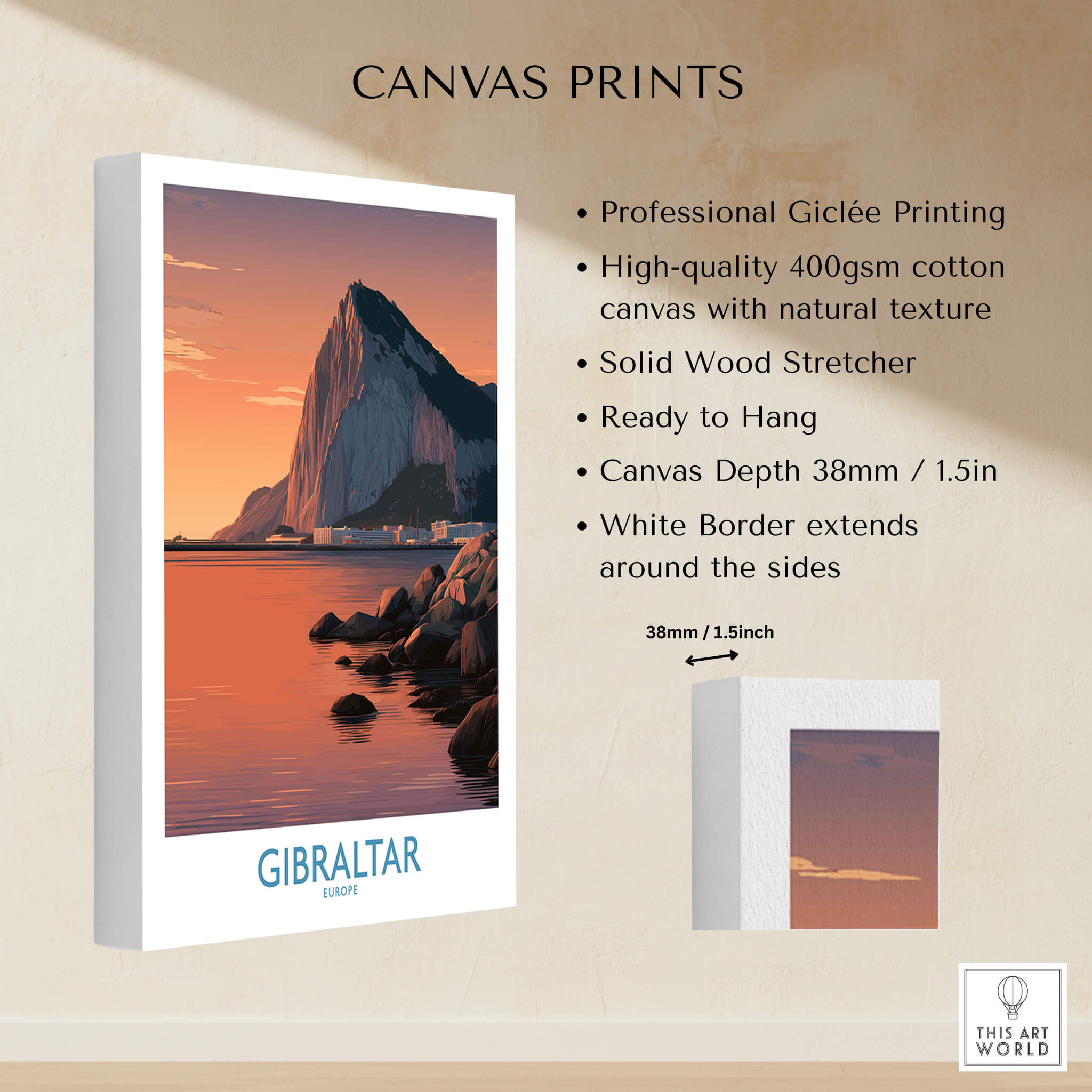 Gibraltar Wall Art –The Rock & Bay Landscape Print displayed on a canvas with a white border and showcasing natural textures.