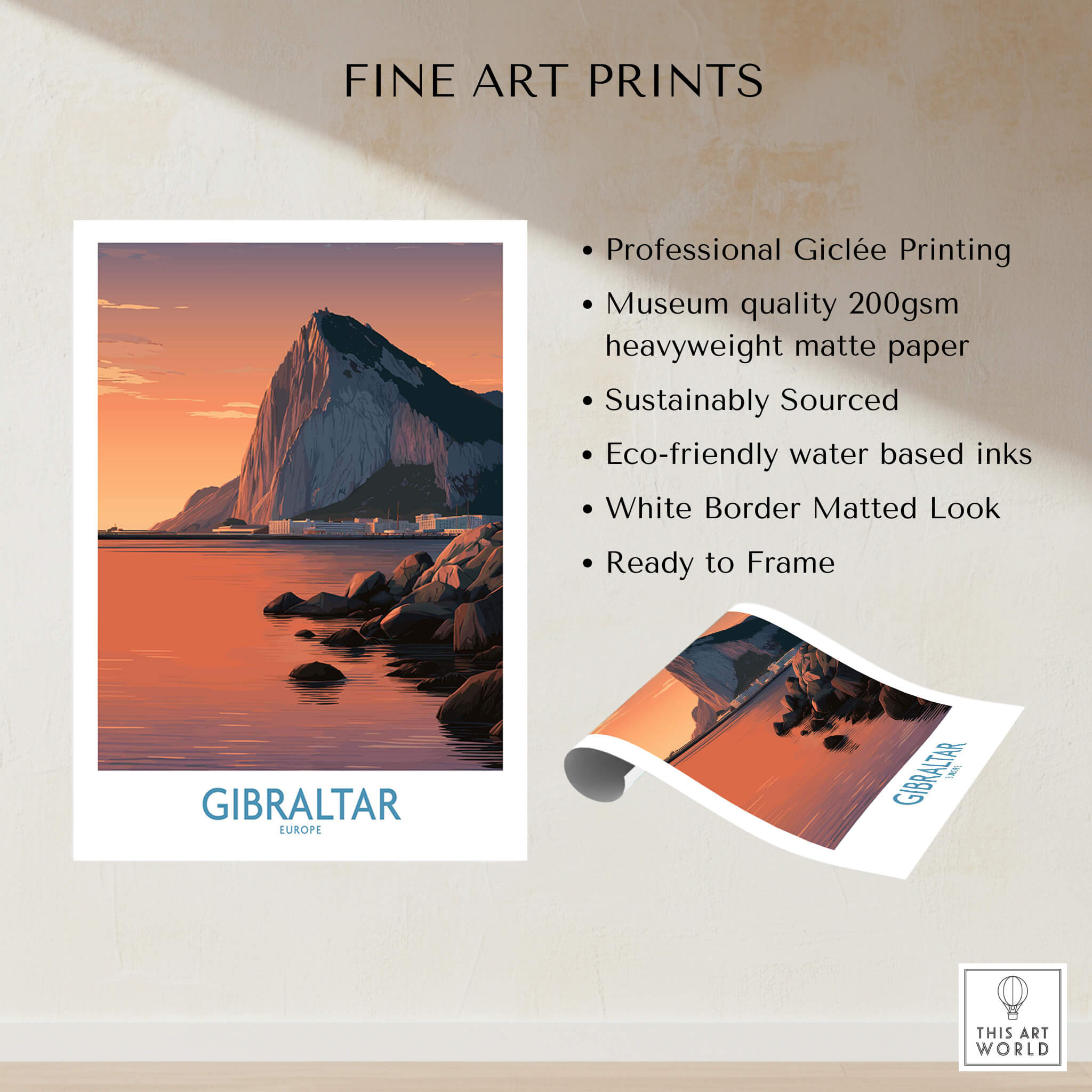 Gibraltar Wall Art –The Rock & Bay Landscape Print showcasing professional Giclée printing and eco-friendly materials.