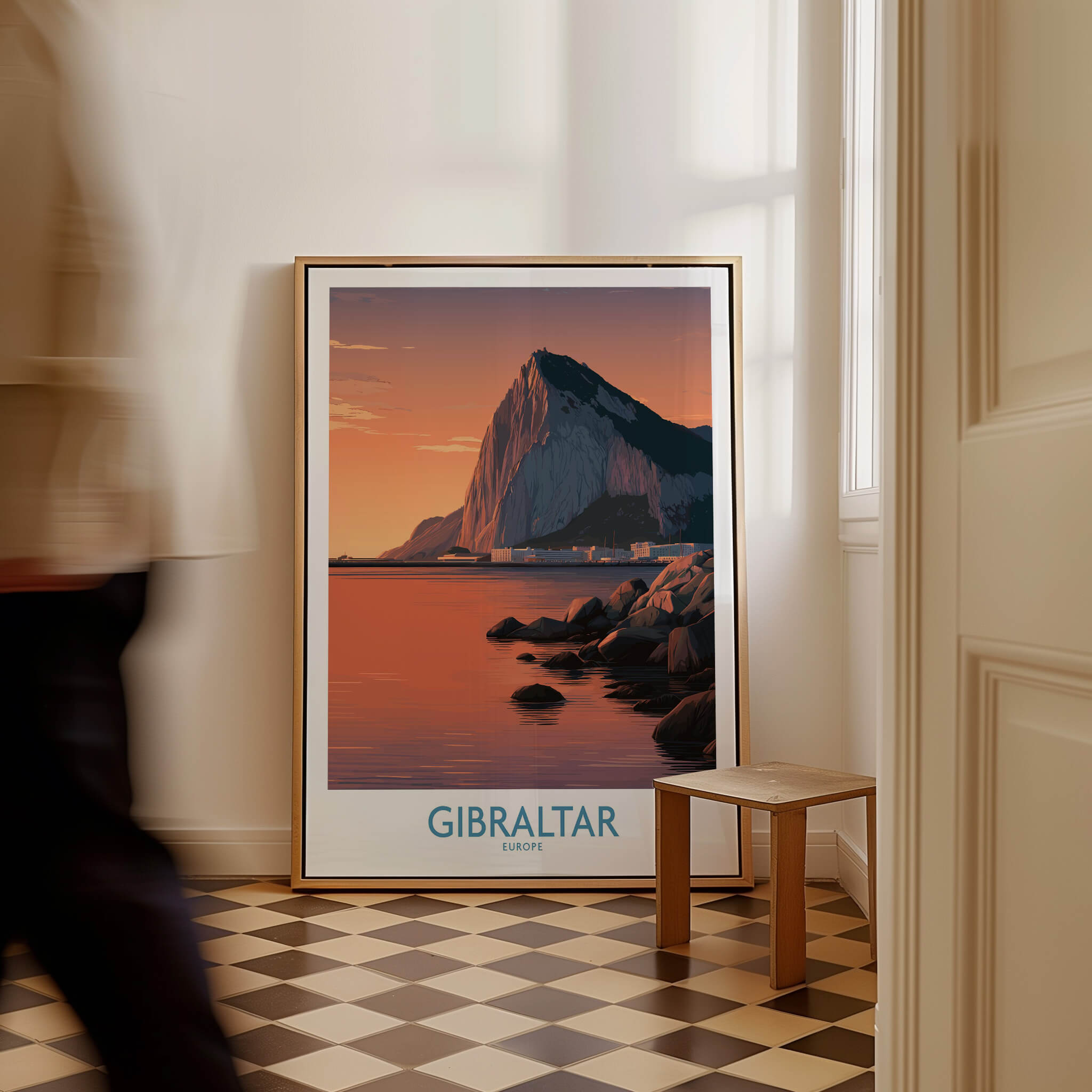 Gibraltar Wall Art –The Rock & Bay Landscape Print featuring the iconic Rock at sunset in a stylish interior setting.