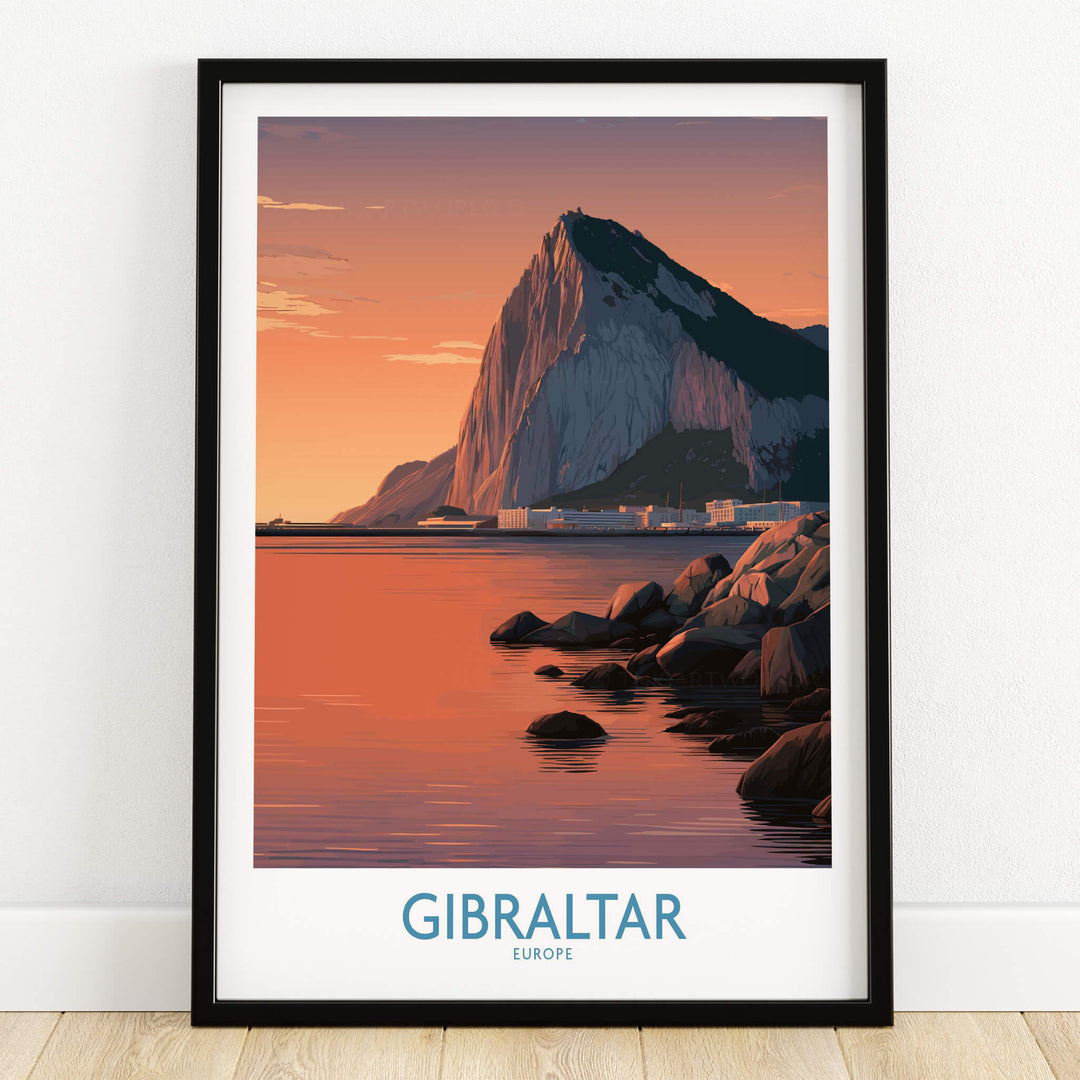 Gibraltar Wall Art –The Rock & Bay Landscape Print featuring the iconic Rock at sunset.