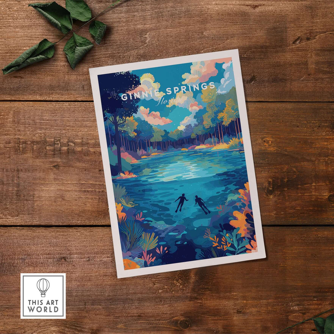 Ginnie Springs Colorful Springs Landscape Print | Florida Wall Art displayed on rustic wood surface with a nature scene.
