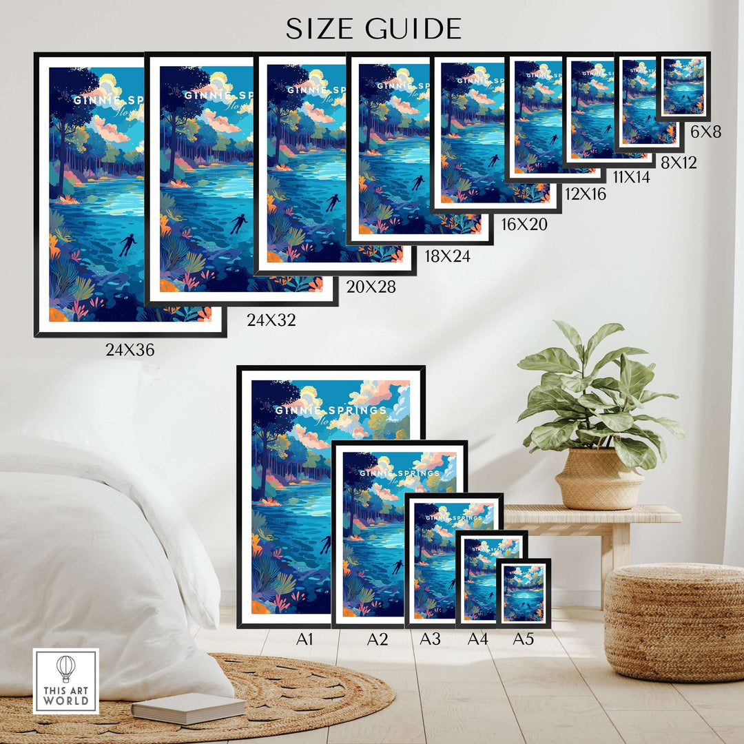 Ginnie Springs Colorful Springs Landscape Print | Florida Wall Art size guide showing various dimensions for artwork.