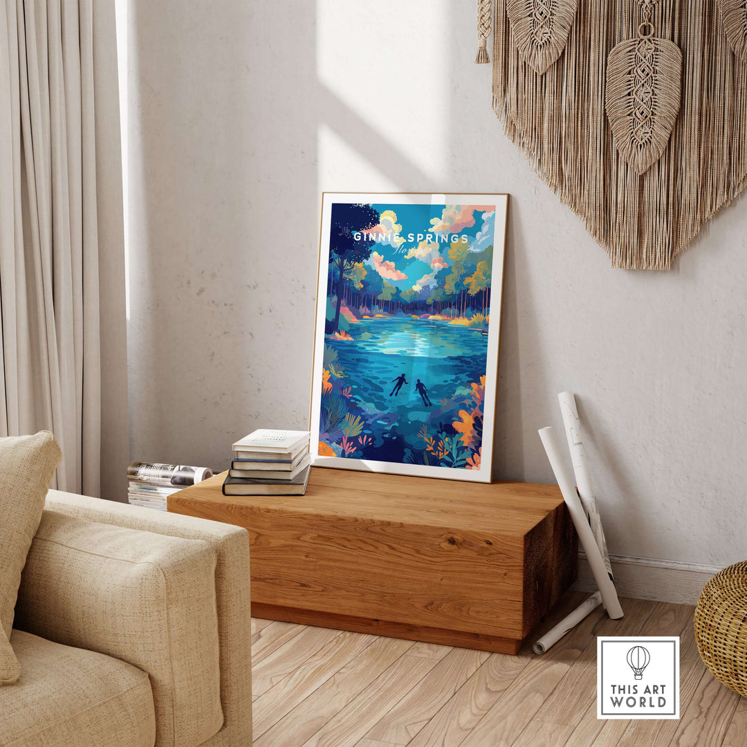 Ginnie Springs Colorful Springs Landscape Print | Florida Wall Art displayed in a modern living room setting.