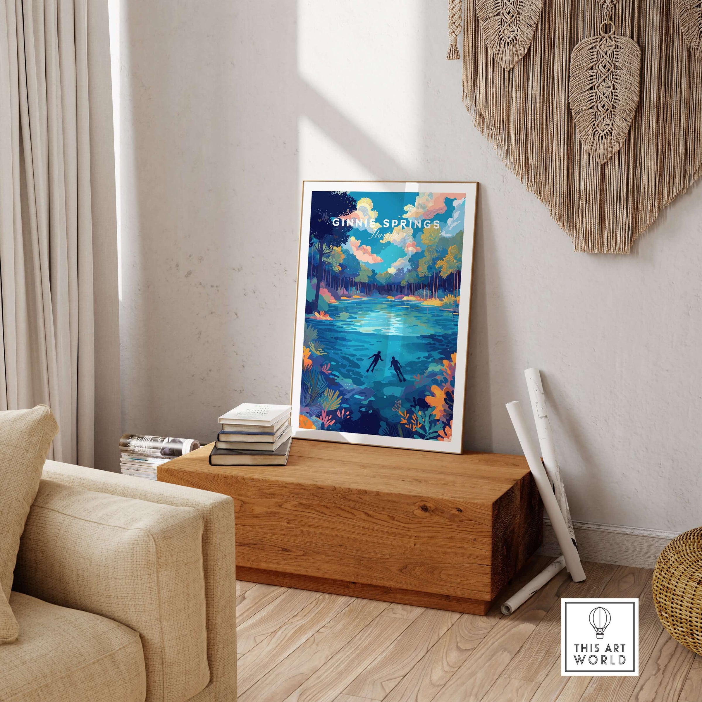 Ginnie Springs Colorful Springs Landscape Print | Florida Wall Art displayed in a modern living room setting.