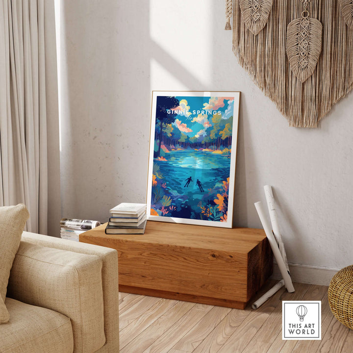 Ginnie Springs Colorful Springs Landscape Print | Florida Wall Art displayed in a modern living room setting.