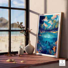 Ginnie Springs Colorful Springs Landscape Print | Florida Wall Art displayed on a stylish table near a window.