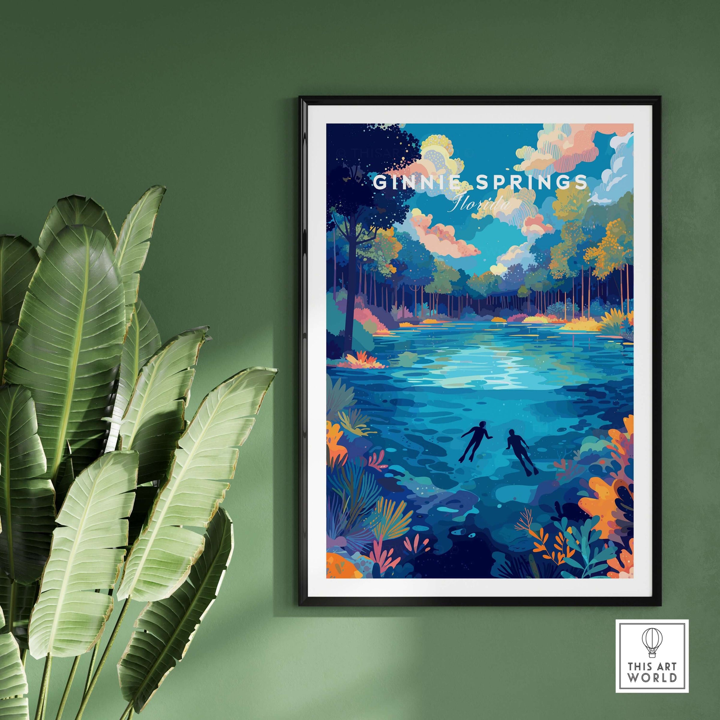 Ginnie Springs Colorful Springs Landscape Print | Florida Wall Art displayed in a modern interior with green plants.