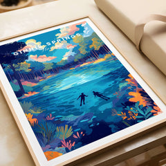 Ginnie Springs Colorful Springs Landscape Print | Florida Wall Art featuring a vibrant underwater scene with trees and two figures.