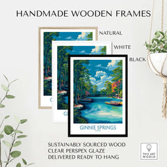 Ginnie Springs Florida Boats Art Print | Scenic River Travel Poster displayed in handmade wooden frames in natural, white, and black colors.
