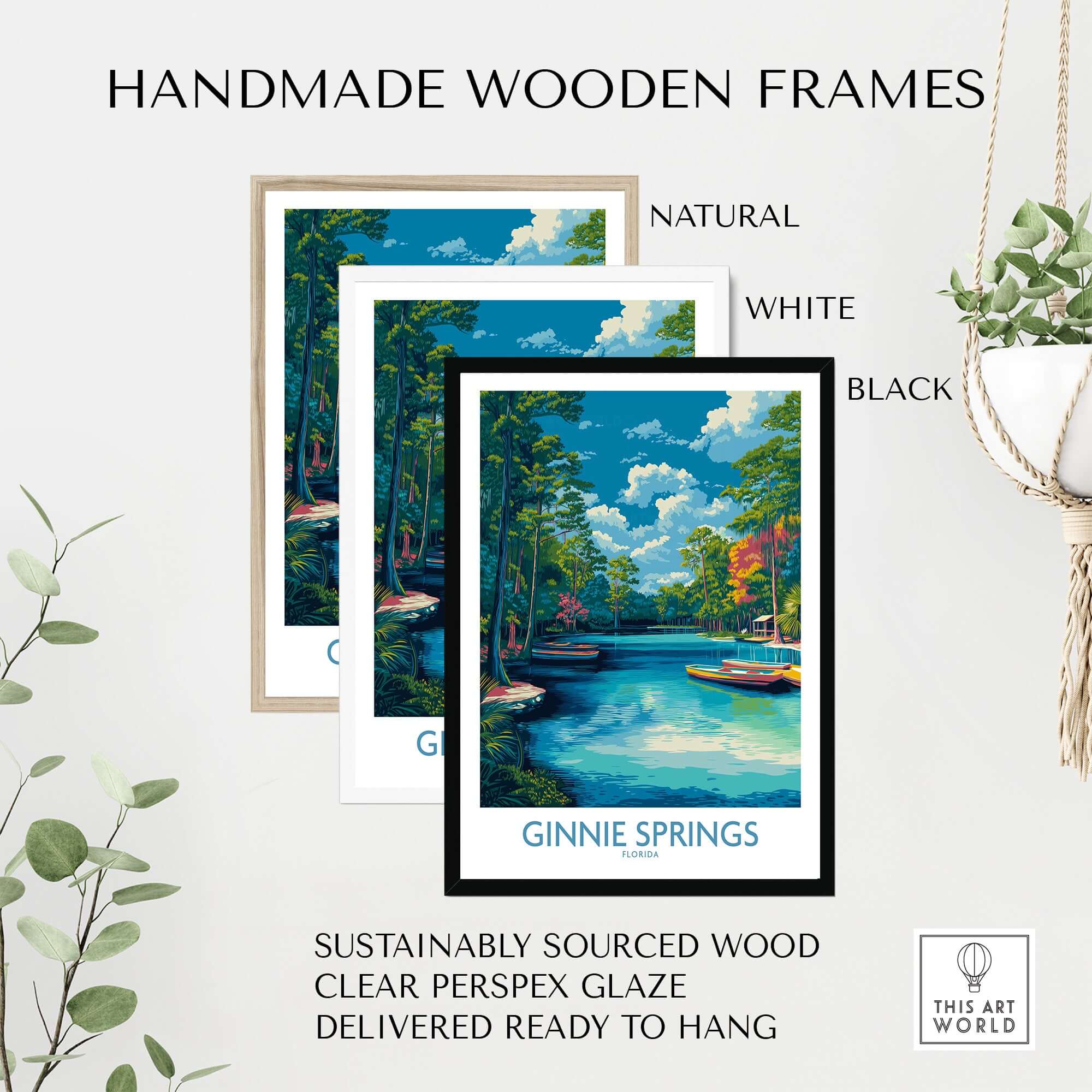 Ginnie Springs Florida Boats Art Print | Scenic River Travel Poster displayed in handmade wooden frames in natural, white, and black colors.