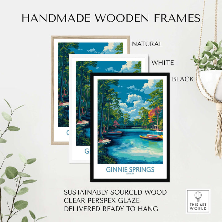 Ginnie Springs Florida Boats Art Print | Scenic River Travel Poster displayed in three handmade wooden frames.