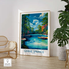 Ginnie Springs Florida Boats Art Print | Scenic River Travel Poster featuring boats in lush greenery.