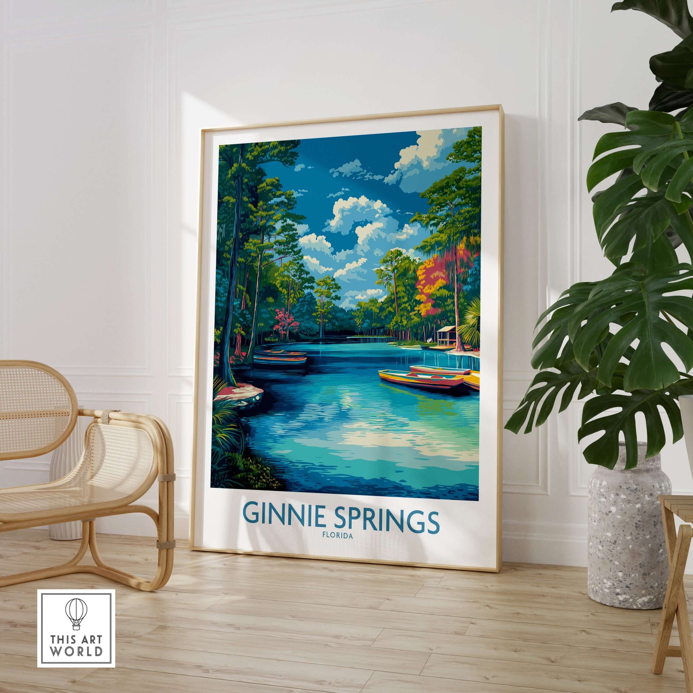 Ginnie Springs Florida Boats Art Print | Scenic River Travel Poster featuring boats in lush greenery.