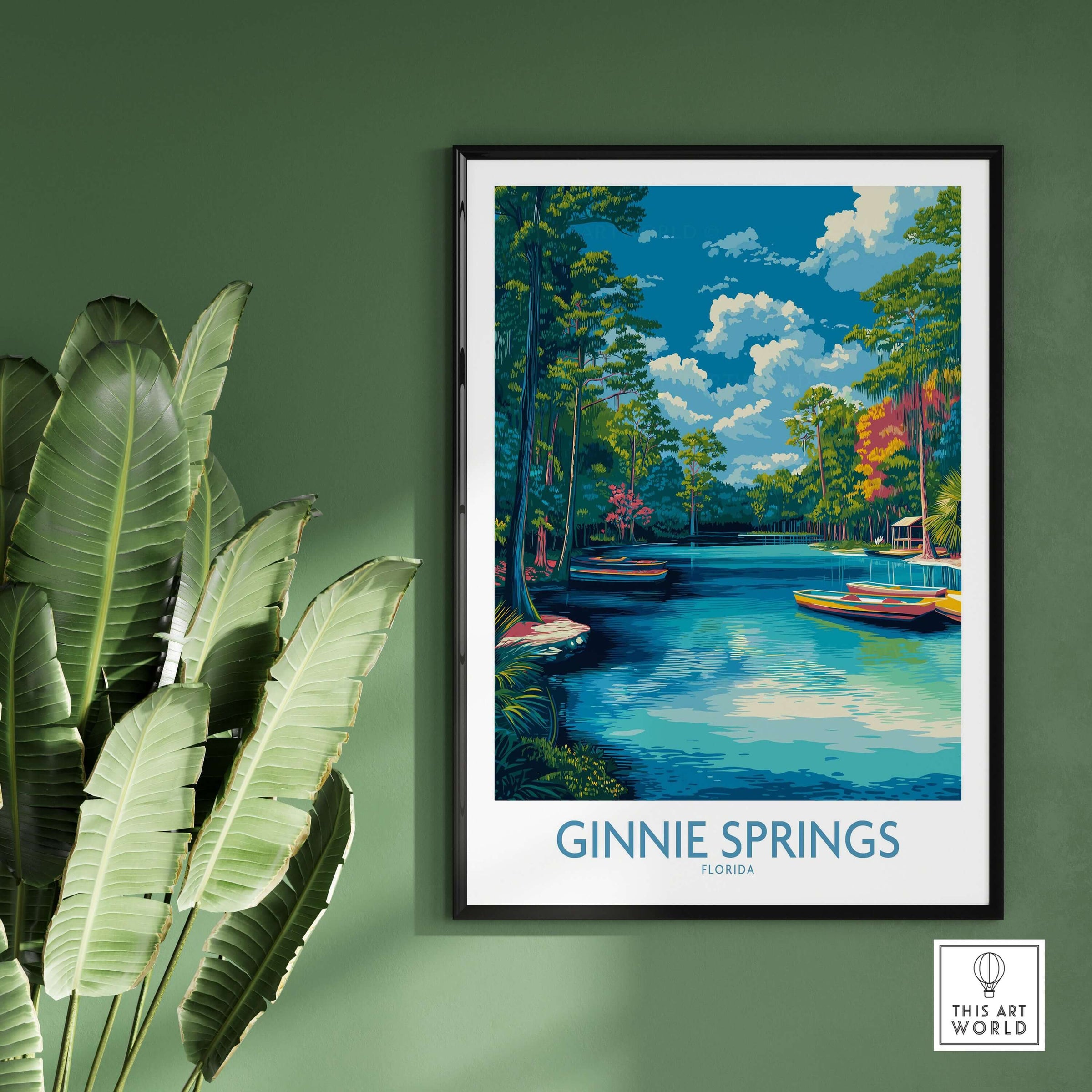 Ginnie Springs Florida Boats Art Print | Scenic River Travel Poster showcasing boats on a picturesque river in lush greenery.