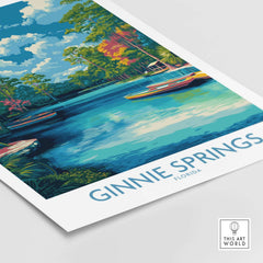 Ginnie Springs Florida Boats Art Print | Scenic River Travel Poster featuring serene river scene with boats.