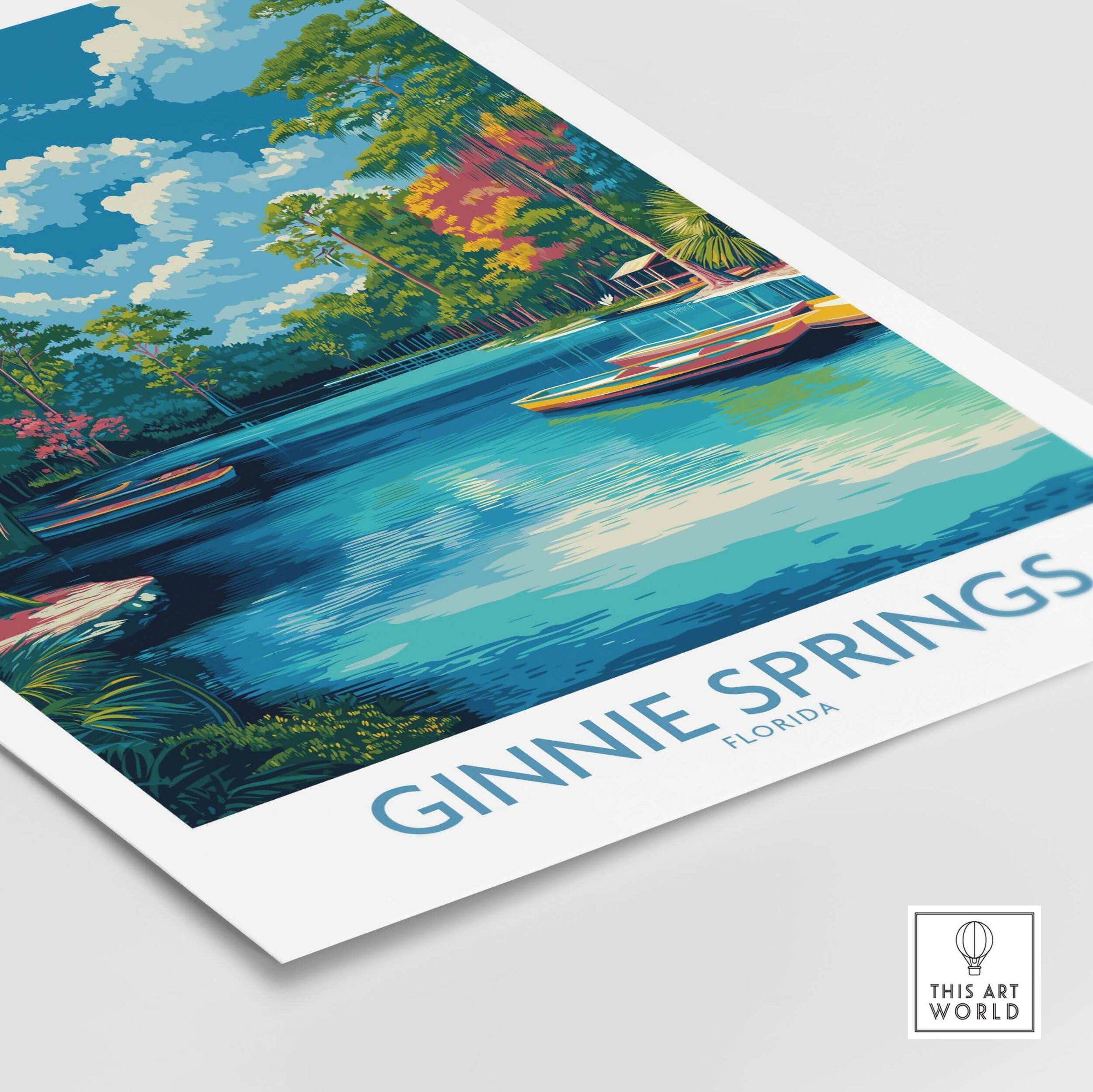 Ginnie Springs Florida Boats Art Print | Scenic River Travel Poster featuring serene river scene with boats.