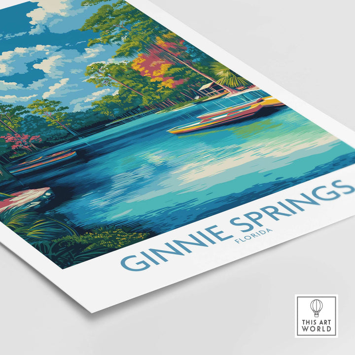 Ginnie Springs Florida Boats Art Print | Scenic River Travel Poster showcasing boats on a serene river surrounded by lush greenery.