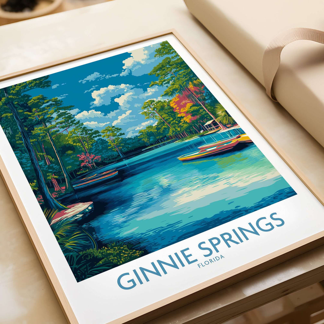Ginnie Springs Florida Boats Art Print | Scenic River Travel Poster featuring colorful boats on a serene river.