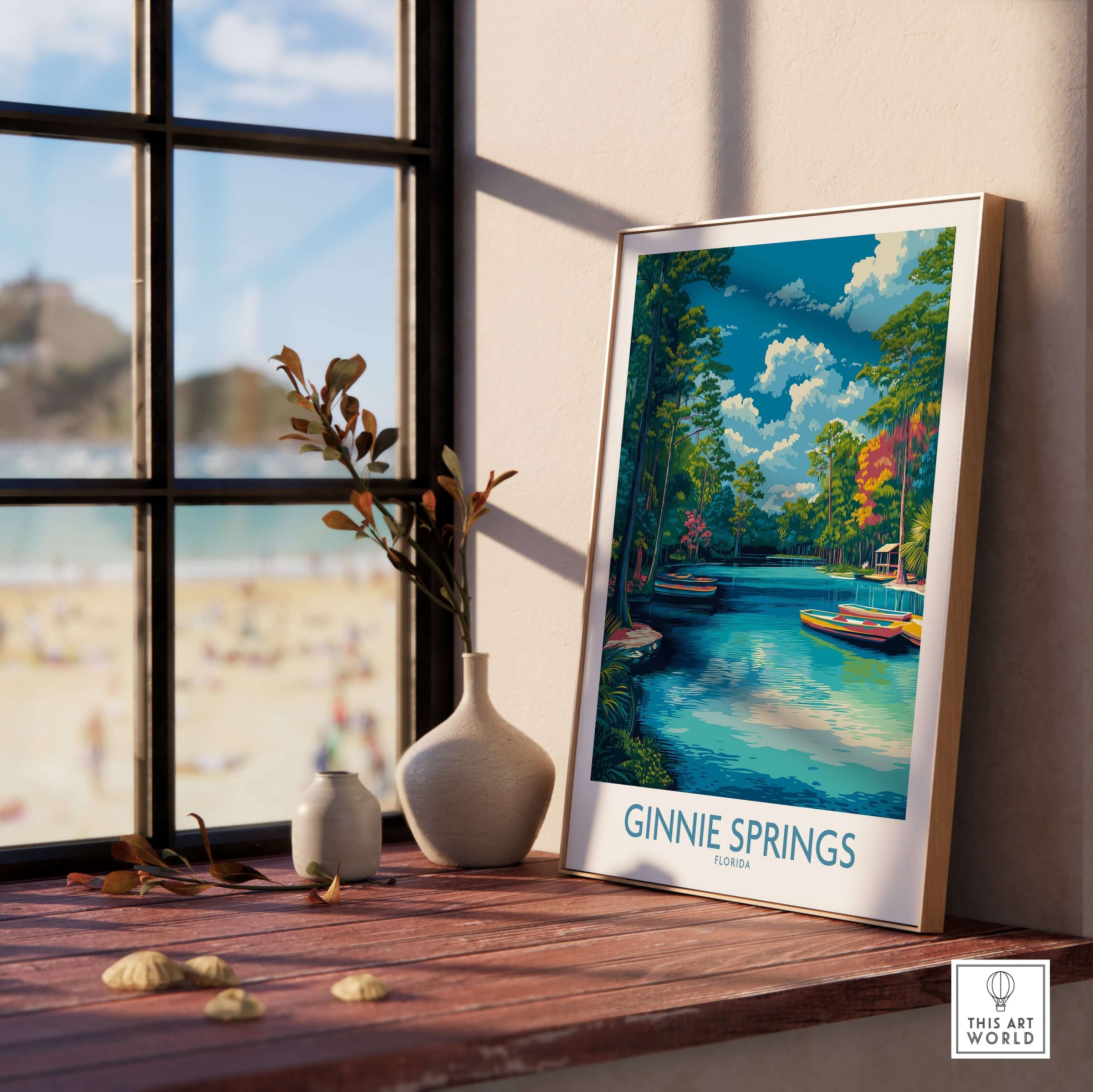 Ginnie Springs Florida Boats Art Print | Scenic River Travel Poster displayed on a table near a window.
