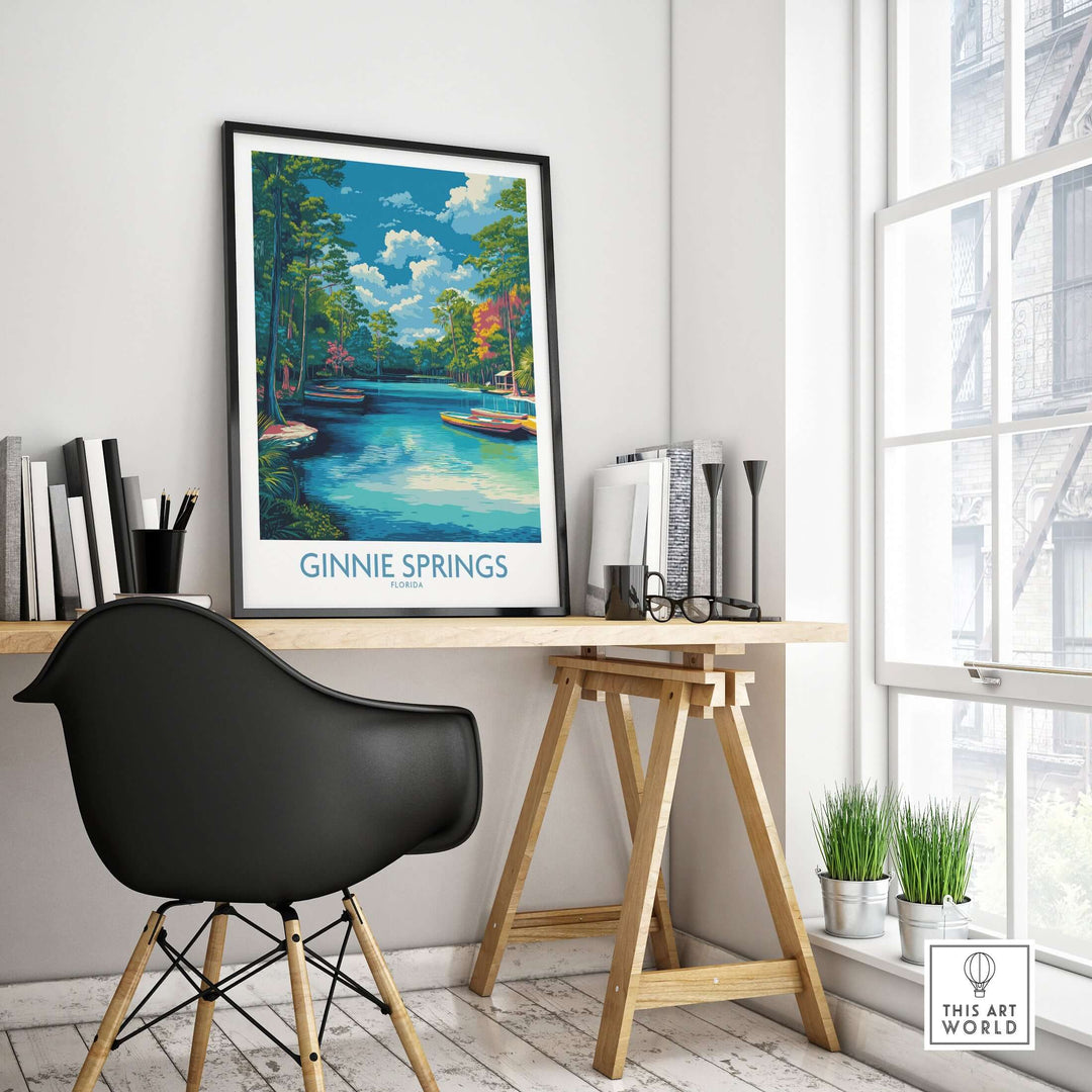 Ginnie Springs Florida Boats Art Print | Scenic River Travel Poster displayed in a stylish interior office setting.