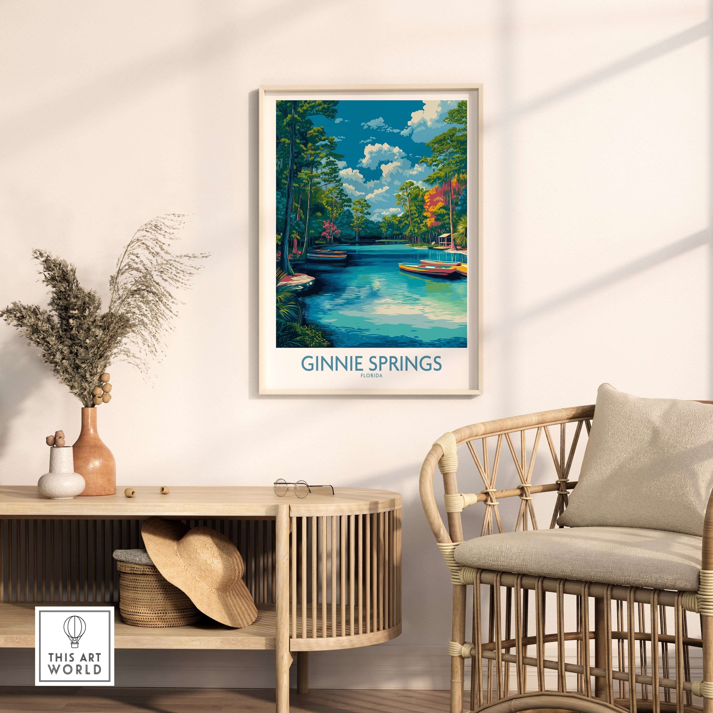 Ginnie Springs Florida Boats Art Print | Scenic River Travel Poster showcasing serene boats and lush greenery.