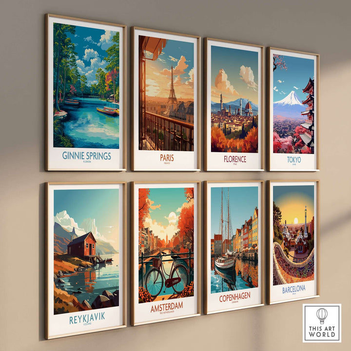 Ginnie Springs Florida Boats Art Print | Scenic River Travel Poster collection displayed on a wall featuring various locations.