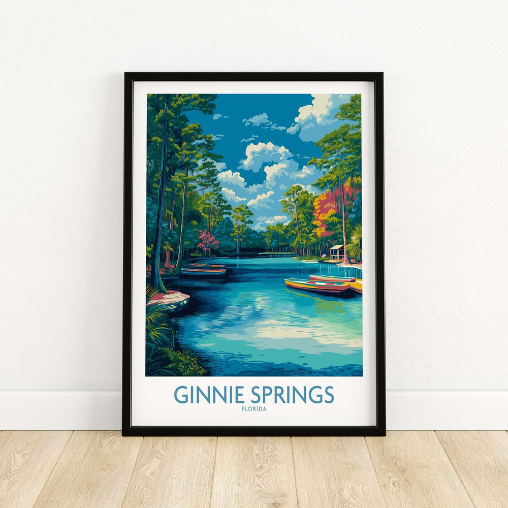 Ginnie Springs Florida Boats Art Print | Scenic River Travel Poster featuring boats and lush greenery.