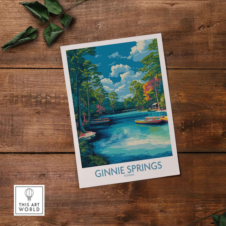 Ginnie Springs Florida Boats Art Print | Scenic River Travel Poster showcasing boats on a serene blue river amidst lush greenery.