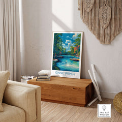 Ginnie Springs Florida Boats Art Print | Scenic River Travel Poster displayed in a cozy living space with natural decor.