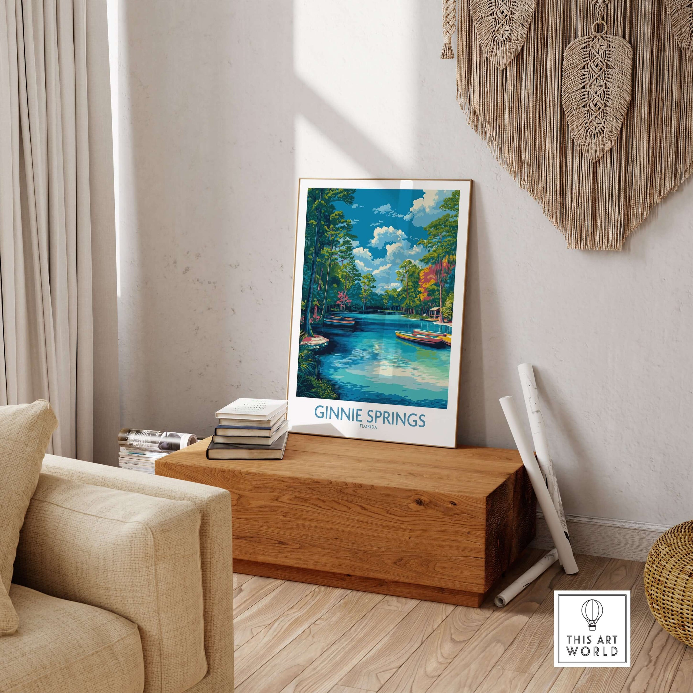 Ginnie Springs Florida Boats Art Print | Scenic River Travel Poster displayed in a cozy living space with natural decor.