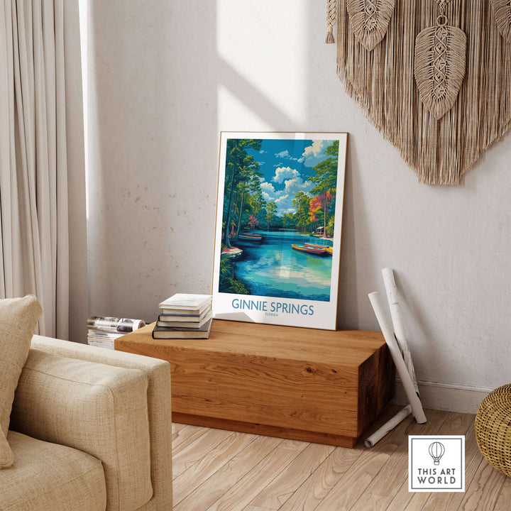 Ginnie Springs Florida Boats Art Print | Scenic River Travel Poster showcased in a modern home decor setting.