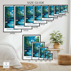 Ginnie Springs Florida Boats Art Print | Scenic River Travel Poster size guide showcasing various frame sizes.