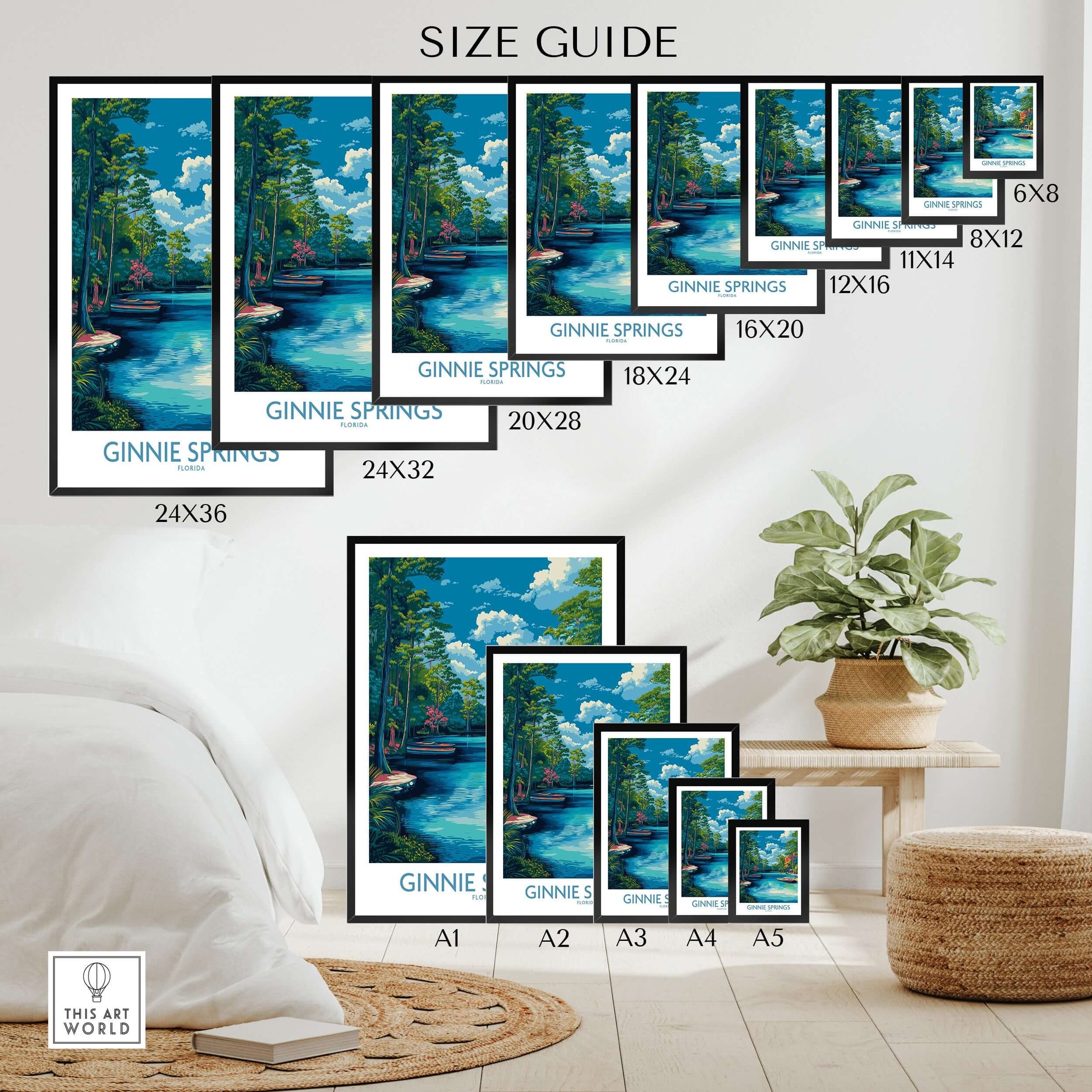 Ginnie Springs Florida Boats Art Print | Scenic River Travel Poster size guide showcasing various frame sizes.