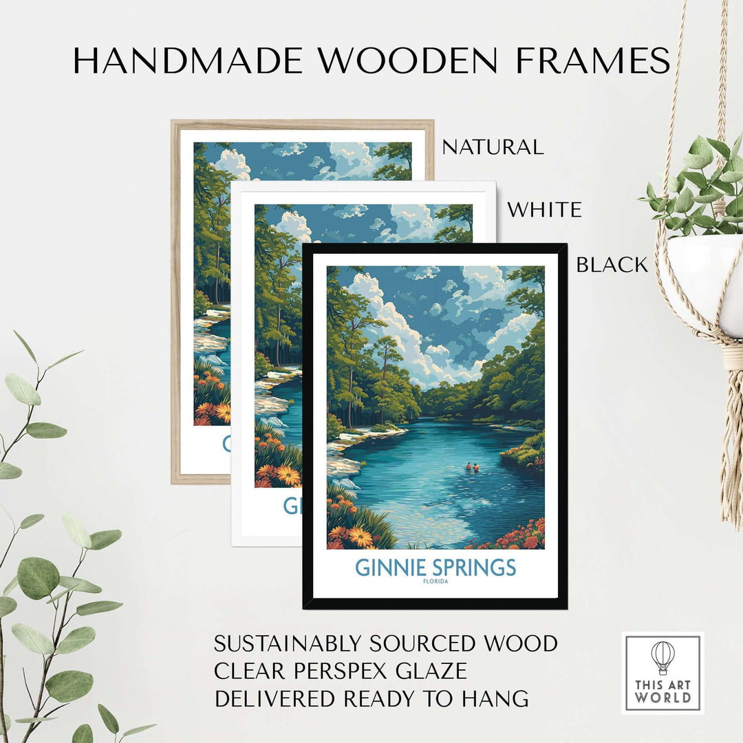 Handmade wooden frames in natural, white, and black for Ginnie Springs Florida Clear Water Art Print | Swimming Hole Nature Poster.