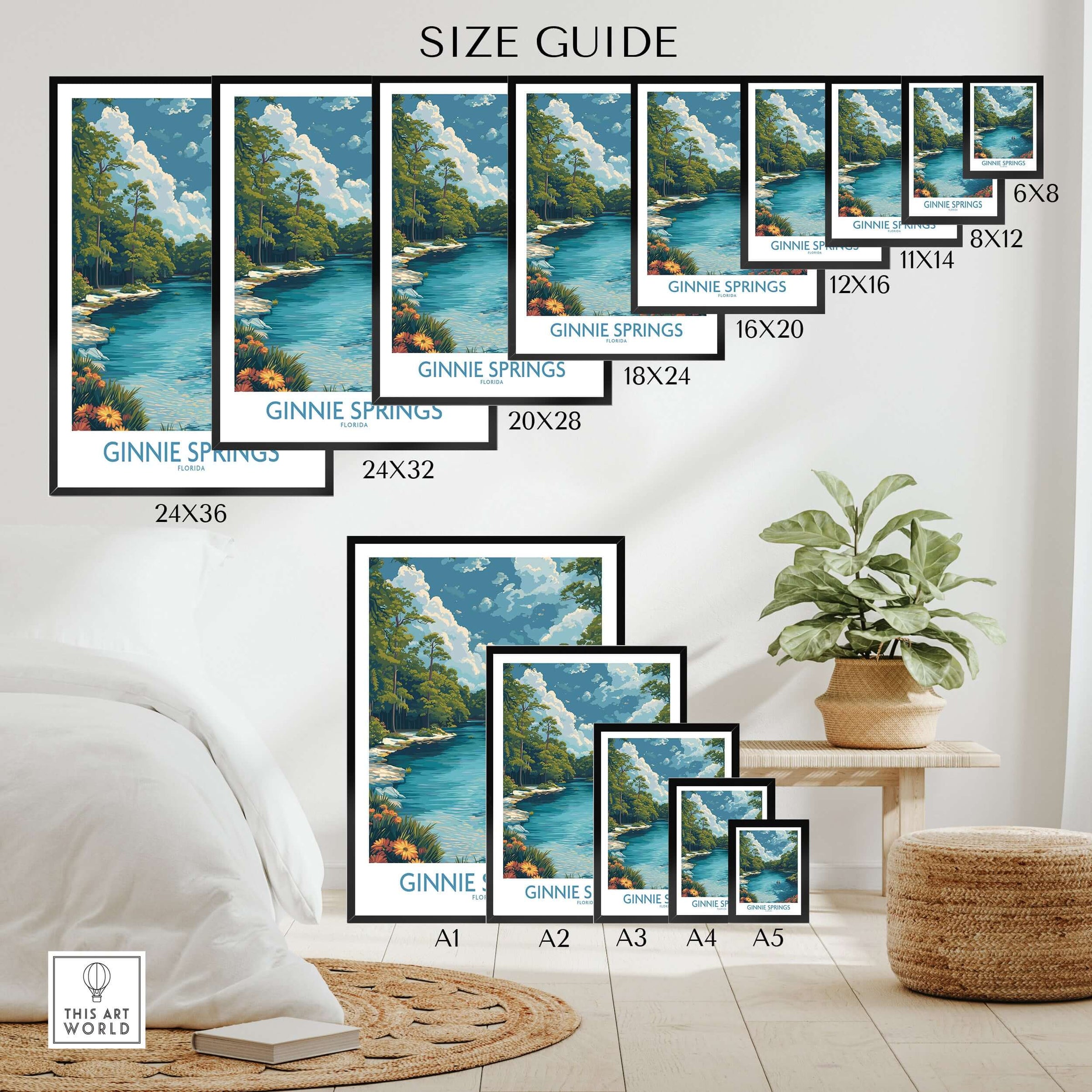 Ginnie Springs Florida Clear Water Art Print | Swimming Hole Nature Poster size guide display on a wall with various frame sizes.