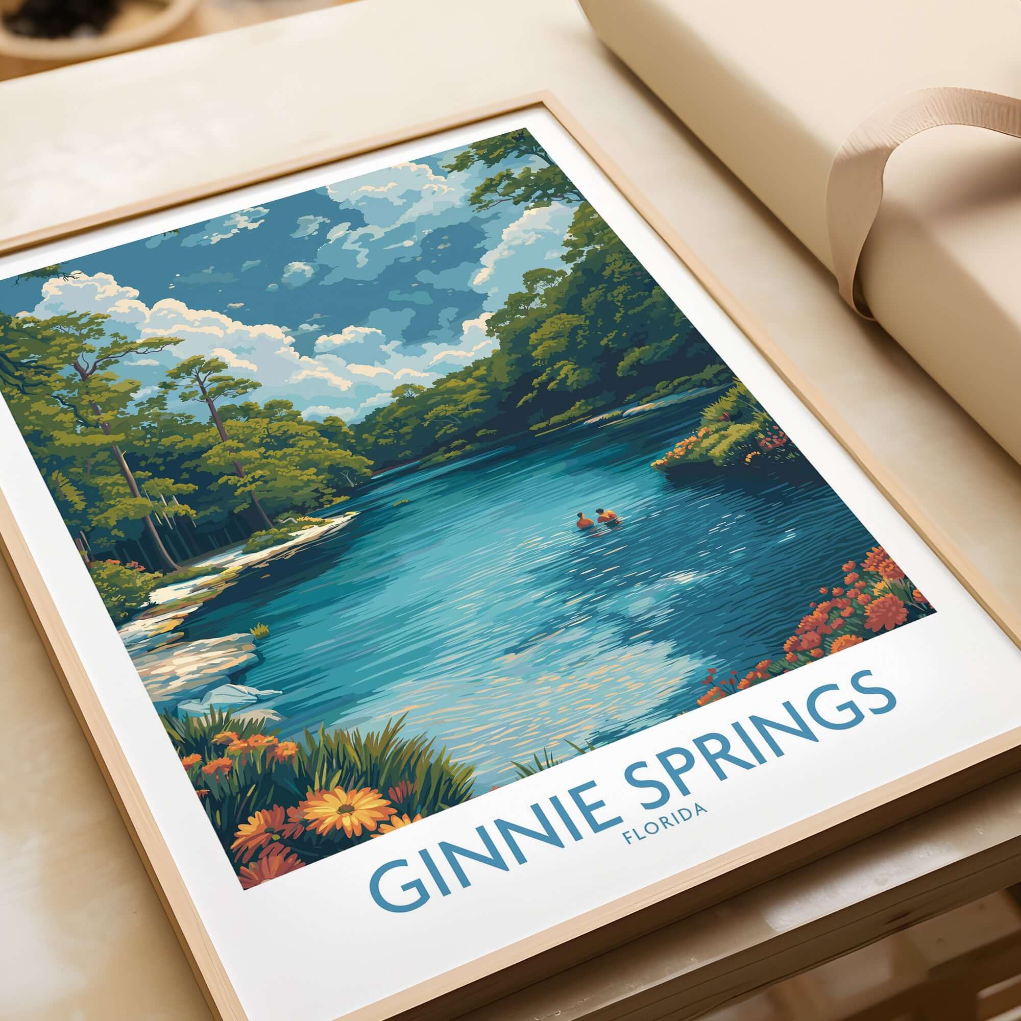 Ginnie Springs Florida Clear Water Art Print | Swimming Hole Nature Poster showcasing a serene swimming hole surrounded by greenery.