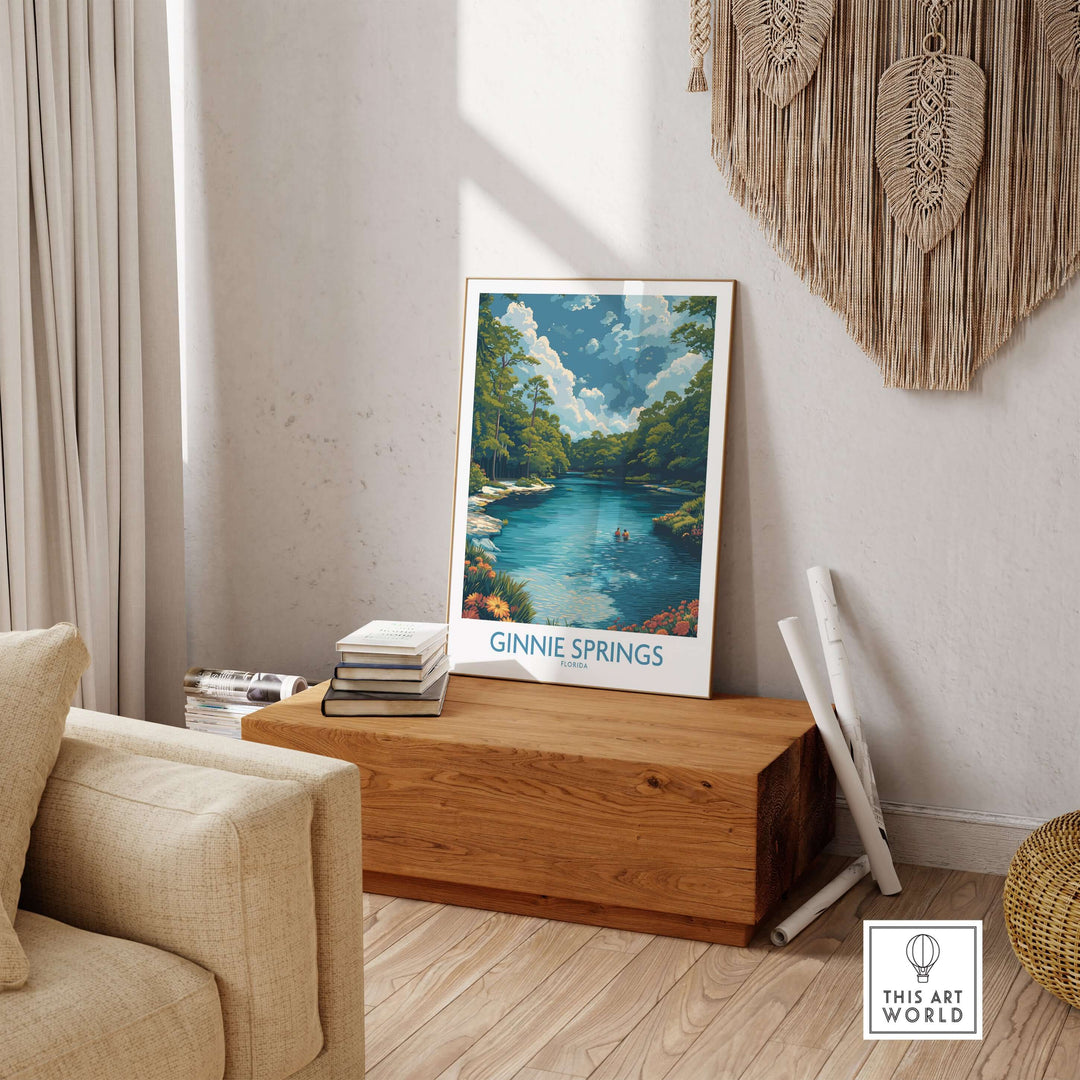 Ginnie Springs Florida Clear Water Art Print | Swimming Hole Nature Poster displayed in a cozy living room setting.
