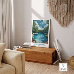 Ginnie Springs Florida Clear Water Art Print | Swimming Hole Nature Poster displayed in a cozy living room setting.