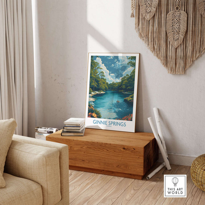 Ginnie Springs Florida Clear Water Art Print | Swimming Hole Nature Poster displayed in a cozy living room setting.