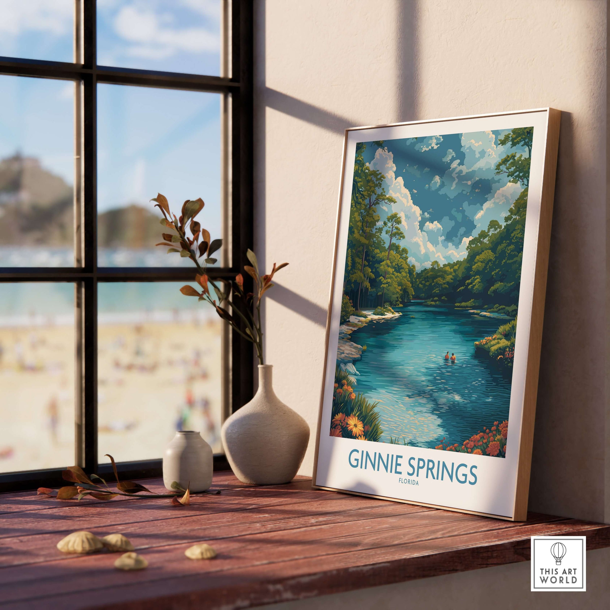 Ginnie Springs Florida Clear Water Art Print | Swimming Hole Nature Poster displayed on a wooden table beside a vase.
