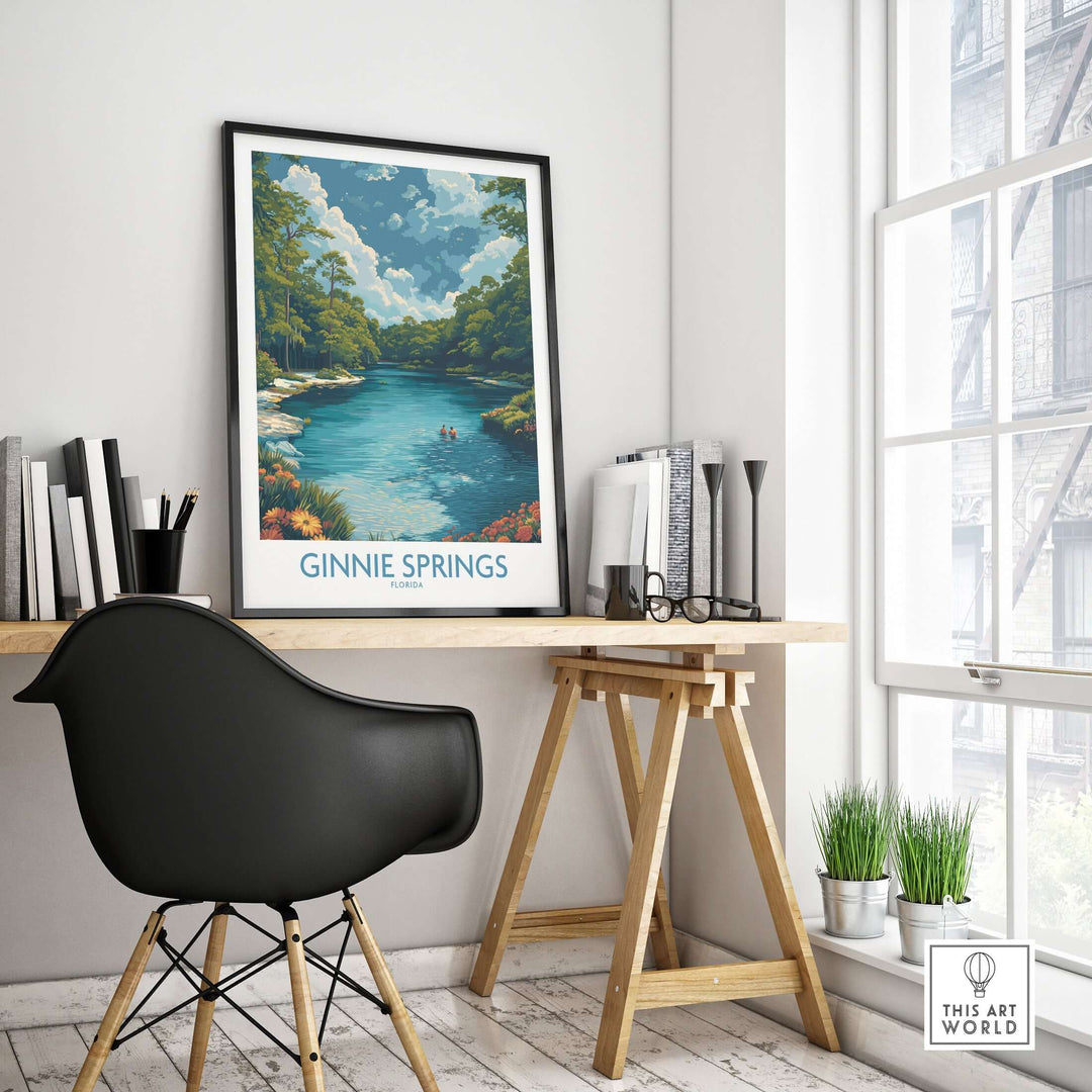 Ginnie Springs Florida Clear Water Art Print | Swimming Hole Nature Poster displayed in a modern home office setting.