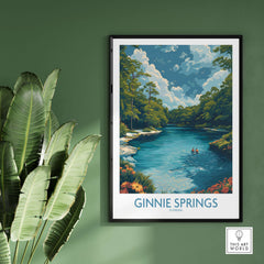 Ginnie Springs Florida Clear Water Art Print | Swimming Hole Nature Poster displayed on a wall with tropical plants.