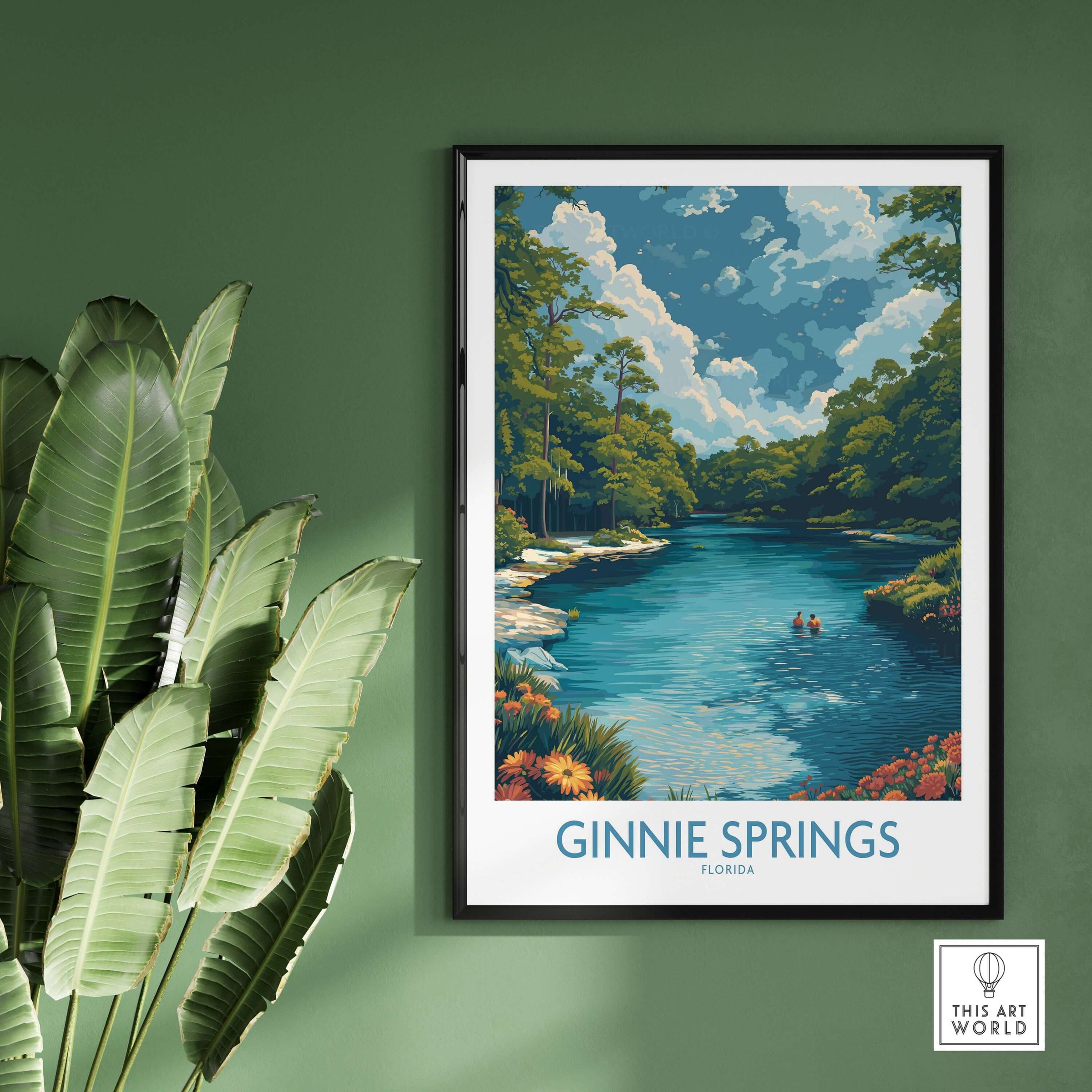Ginnie Springs Florida Clear Water Art Print | Swimming Hole Nature Poster displayed on a wall with tropical plants.